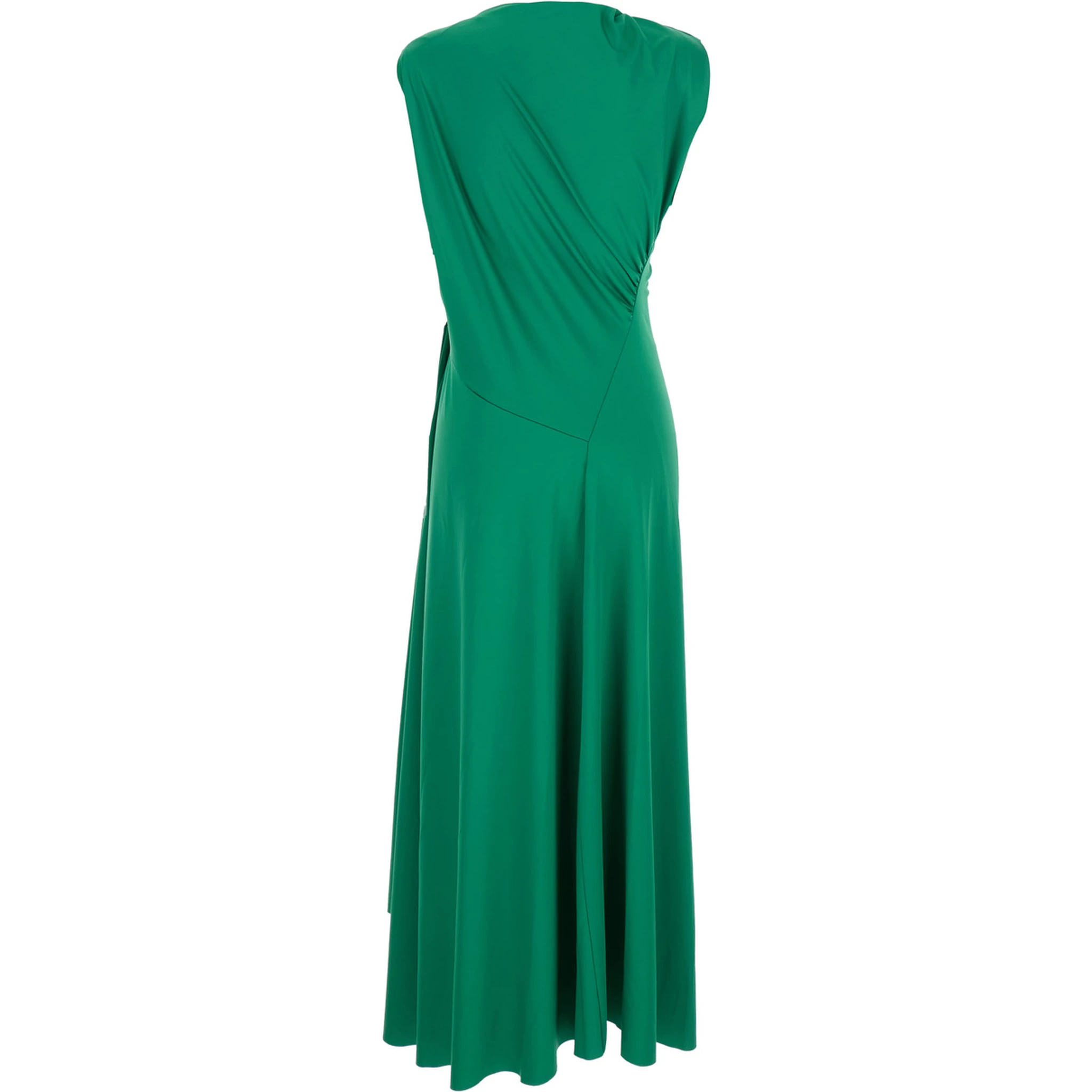 Green Long Dress with Pleated Details in Tech Fabric Woman