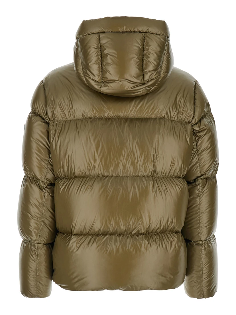 Belbo Green Down Jacket with Drawstring Hood and Logo Patch in Tech Fabric Man