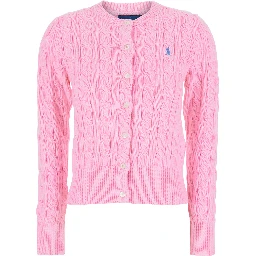 Pink Crewneck Cable Knit Cardigan with Pony Embroidery on the Front in Cotton Woman