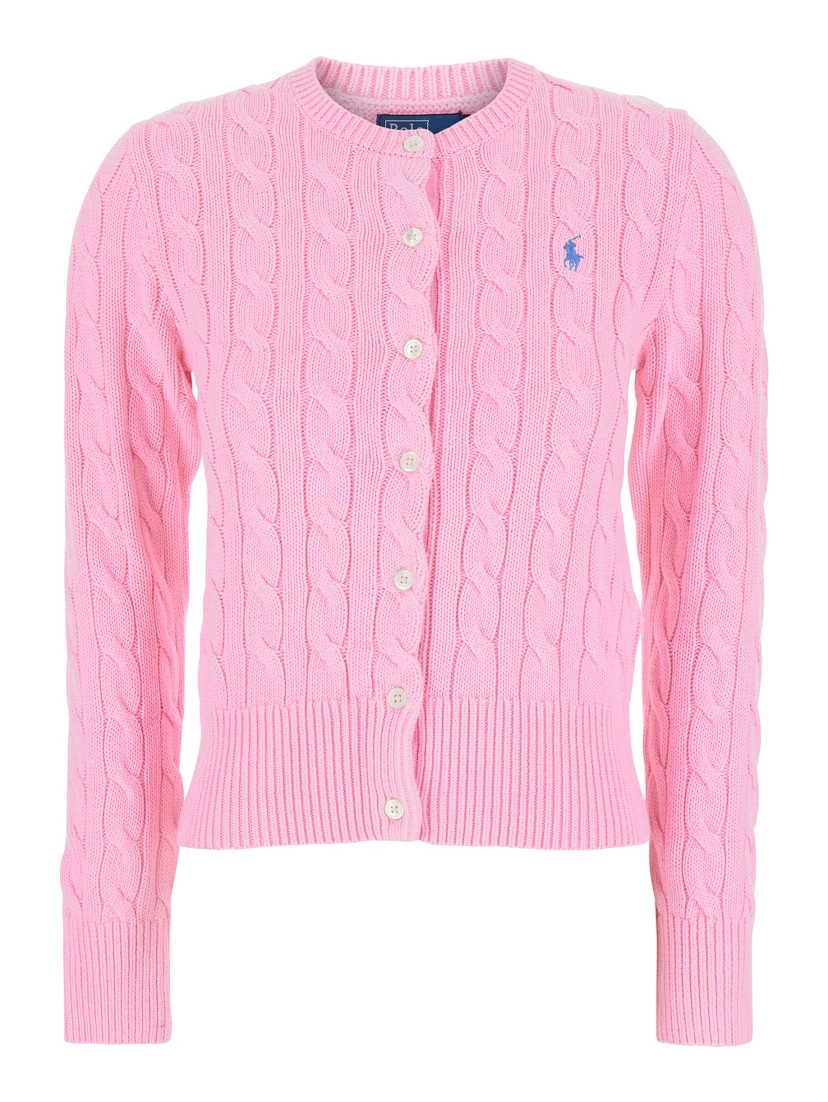 Pink Crewneck Cable Knit Cardigan with Pony Embroidery on the Front in Cotton Woman
