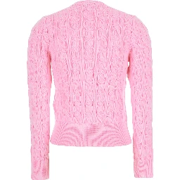 Pink Crewneck Cable Knit Cardigan with Pony Embroidery on the Front in Cotton Woman