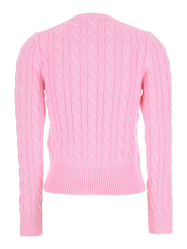 Pink Crewneck Cable Knit Cardigan with Pony Embroidery on the Front in Cotton Woman alternative