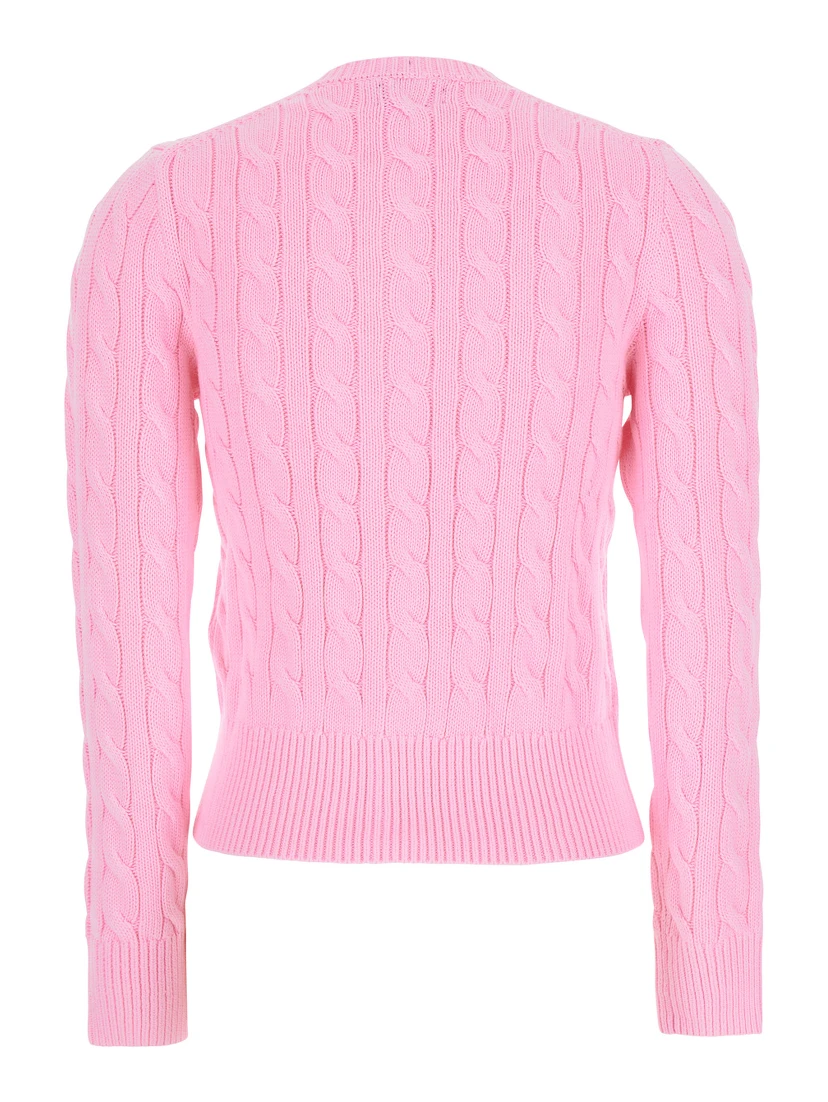 Pink Crewneck Cable Knit Cardigan with Pony Embroidery on the Front in Cotton Woman