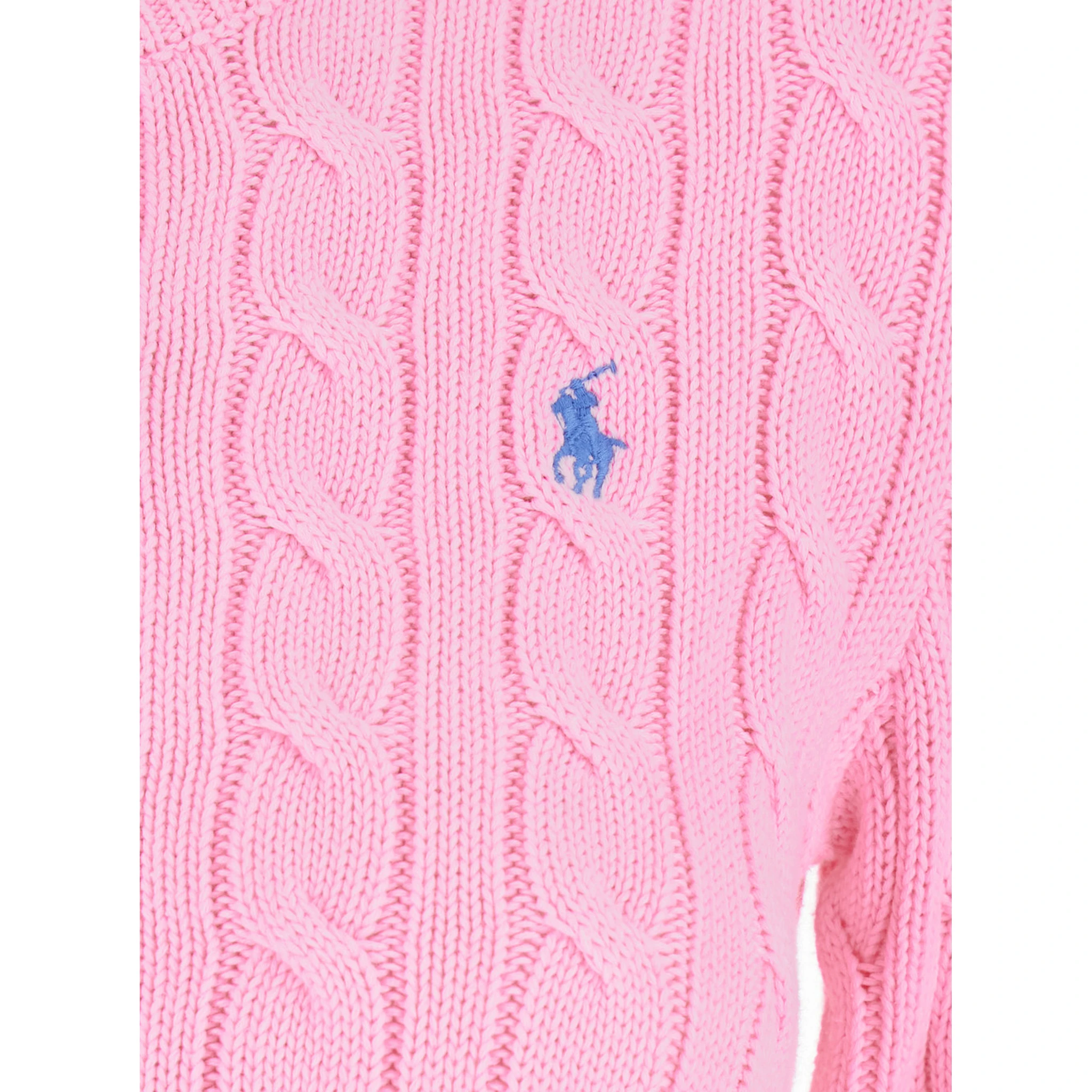 Pink Crewneck Cable Knit Cardigan with Pony Embroidery on the Front in Cotton Woman