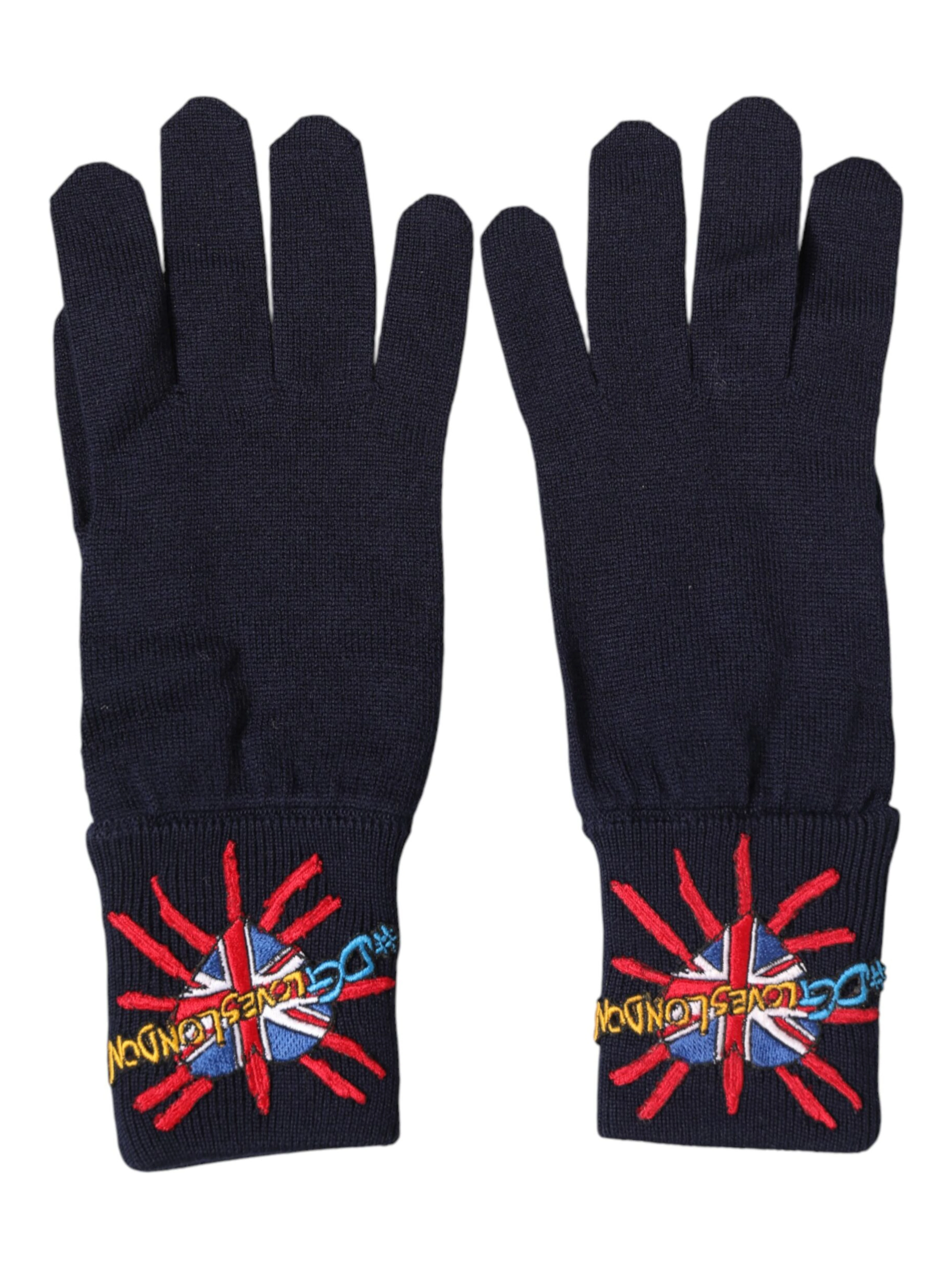 Blue Wool Knit #DGLovesLondon Embroidered Mitten Gloves