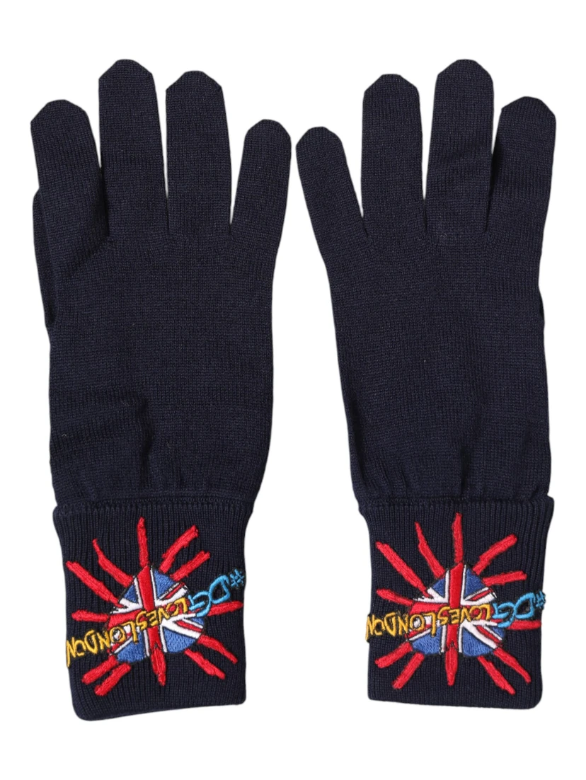 Blue Wool Knit #DGLovesLondon Embroidered Mitten Gloves