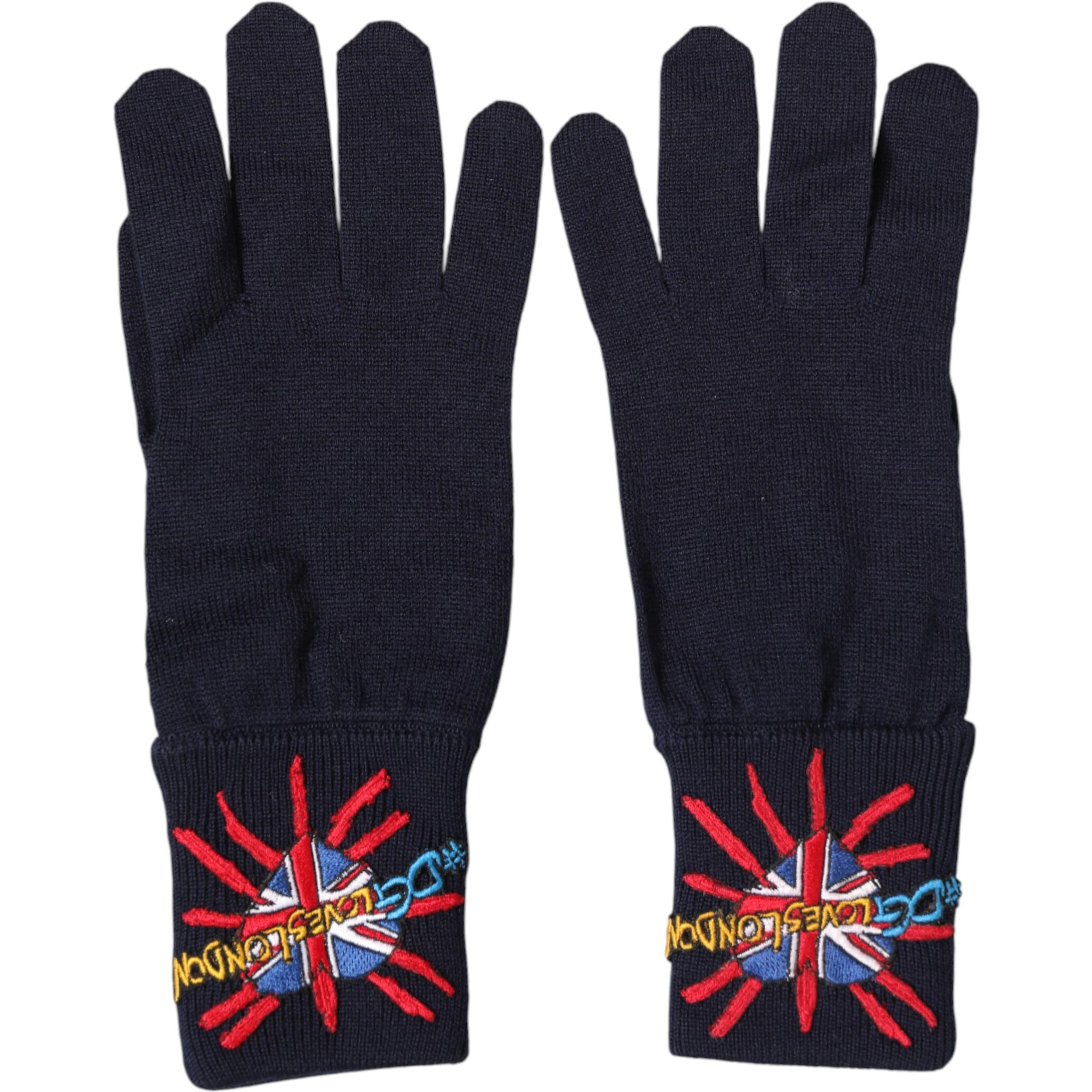 Blue Wool Knit #DGLovesLondon Embroidered Mitten Gloves