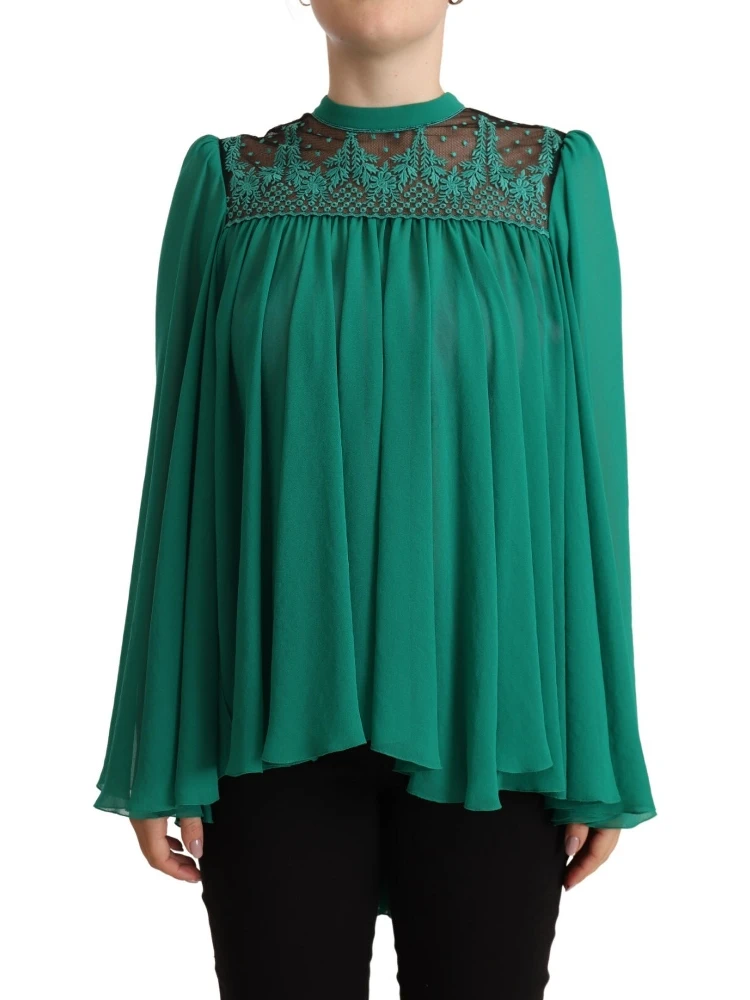 Green Lace Polyester Long Sleeves Pleated Top Blouse