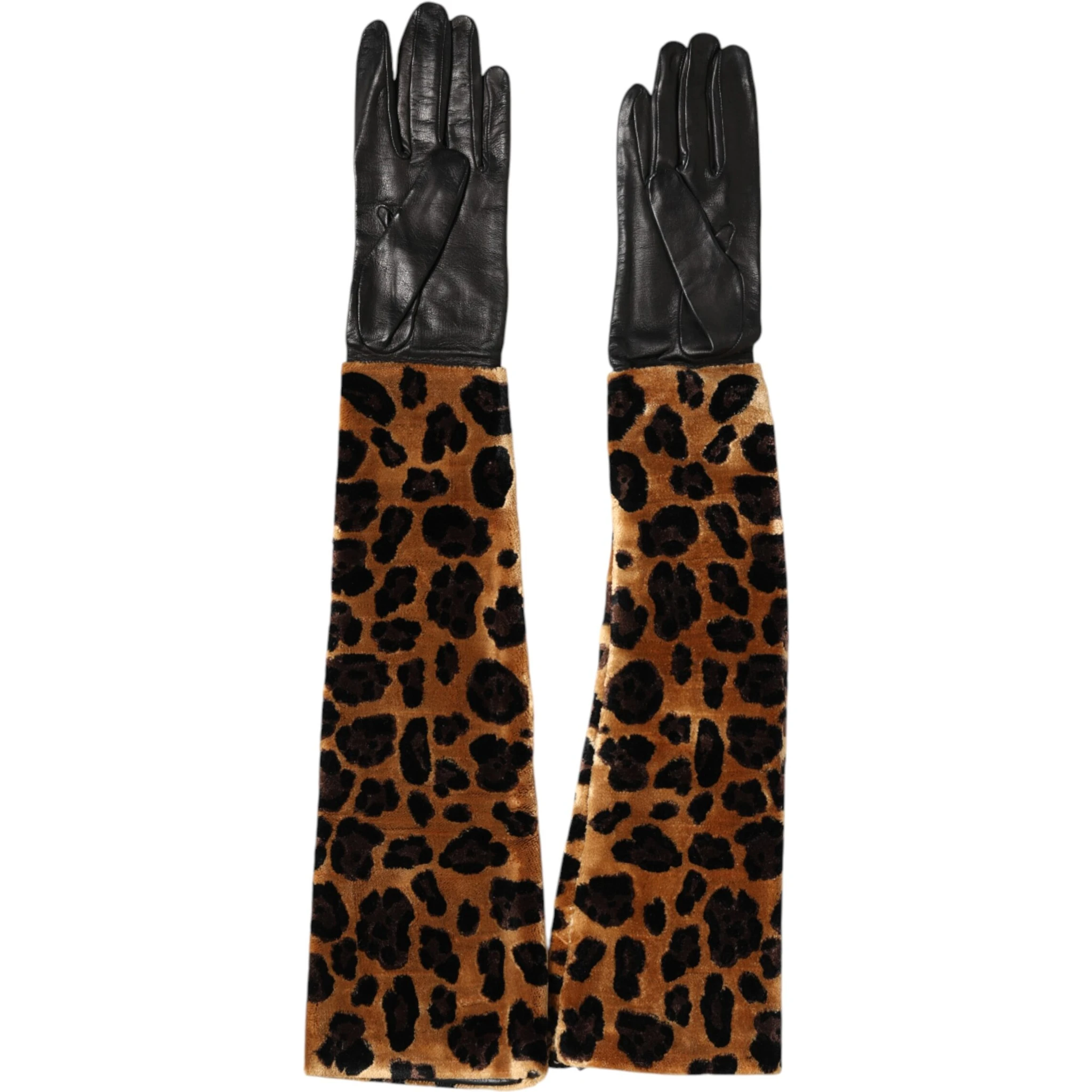 Brown Black Leopard Leather Elbow Length Mitten Gloves