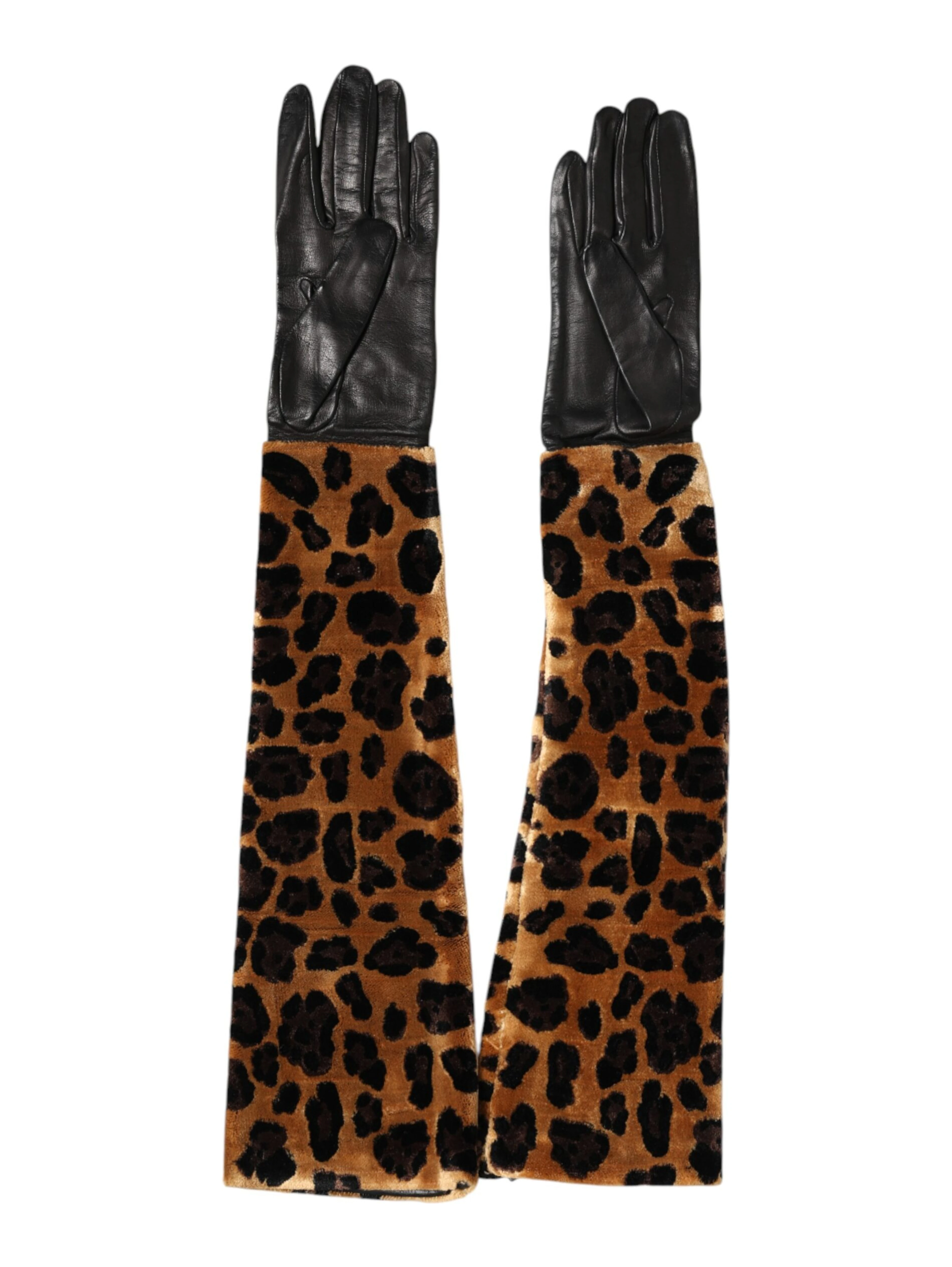 Brown Black Leopard Leather Elbow Length Mitten Gloves