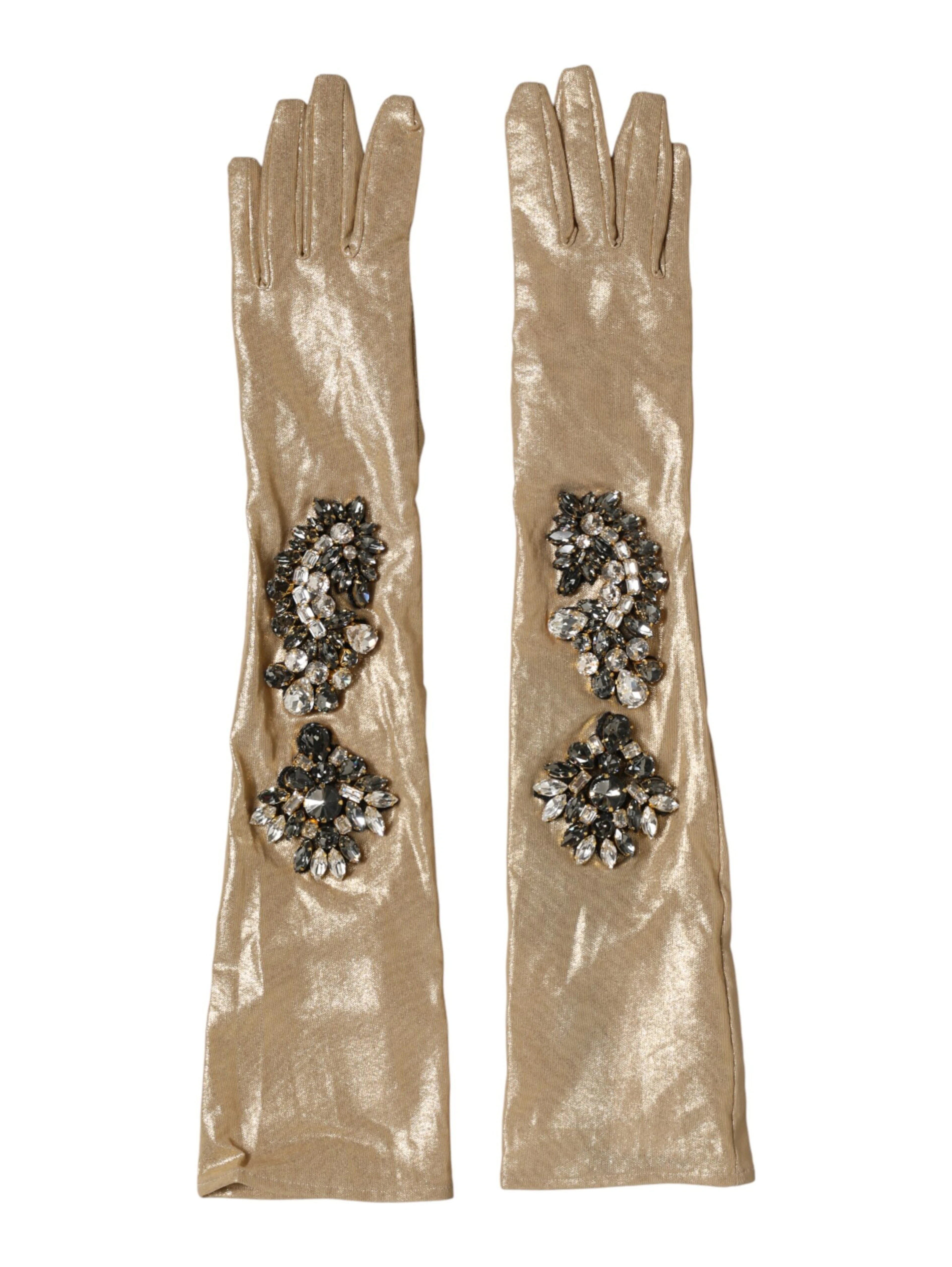 Beige Satin Crystal Elbow Length Mitten Gloves