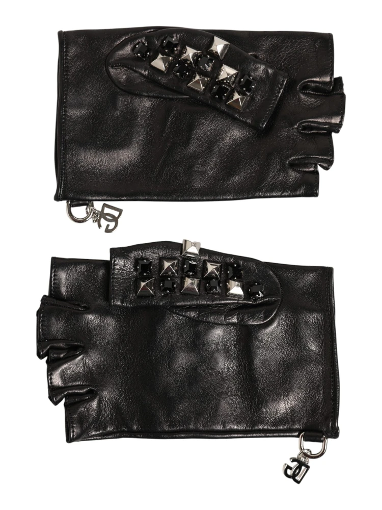 Black Leather Studded Fingerless Hand Mitten Men Gloves