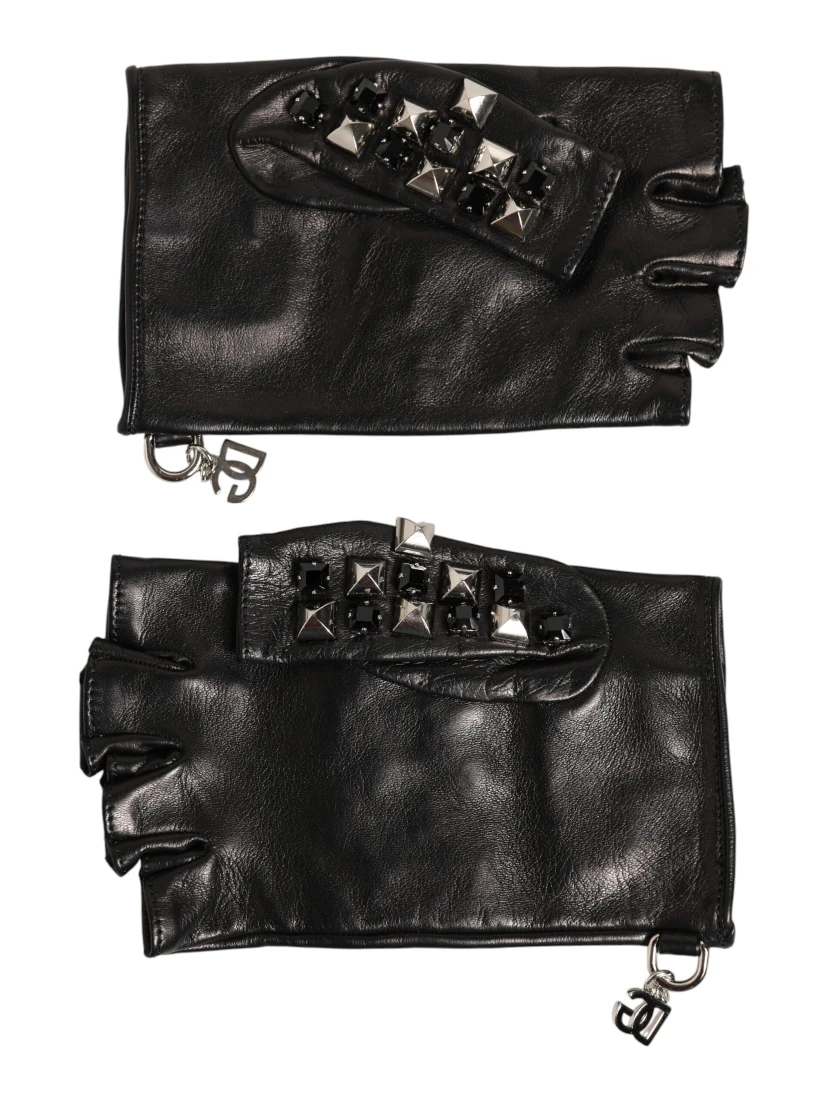 Black Leather Studded Fingerless Hand Mitten Men Gloves