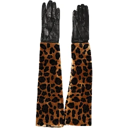 Brown Black Leopard Leather Elbow Length Mitten Gloves