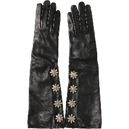 Black Leather Embellished Long Mitten Gloves