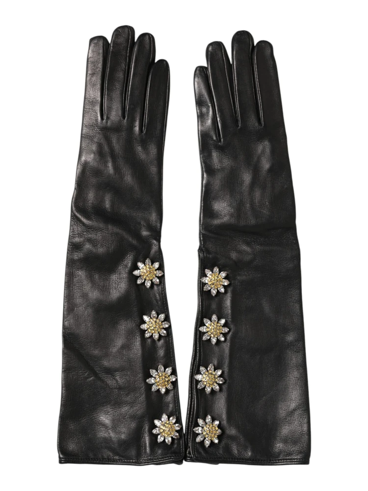 Black Leather Embellished Long Mitten Gloves alternative