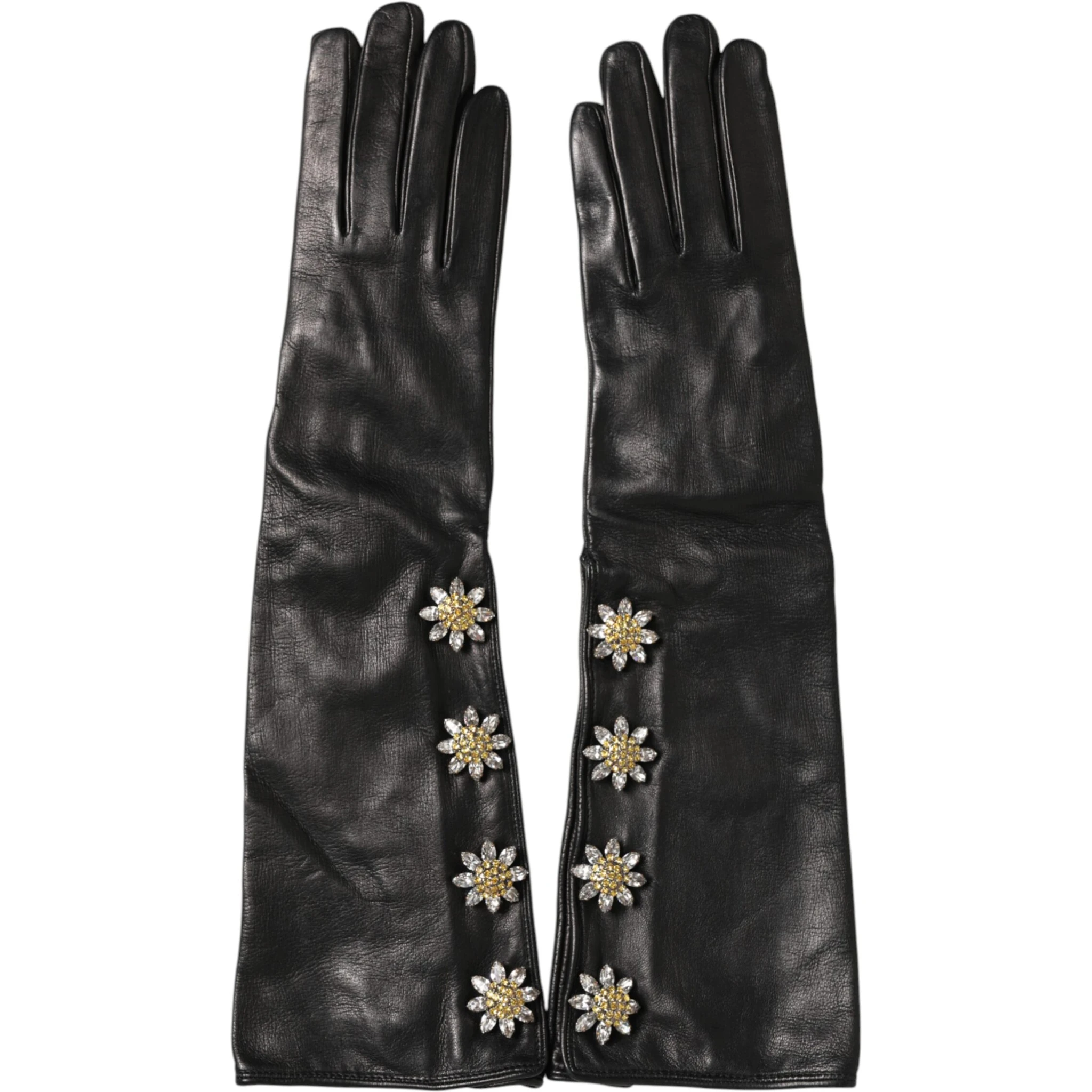 Black Leather Embellished Long Mitten Gloves