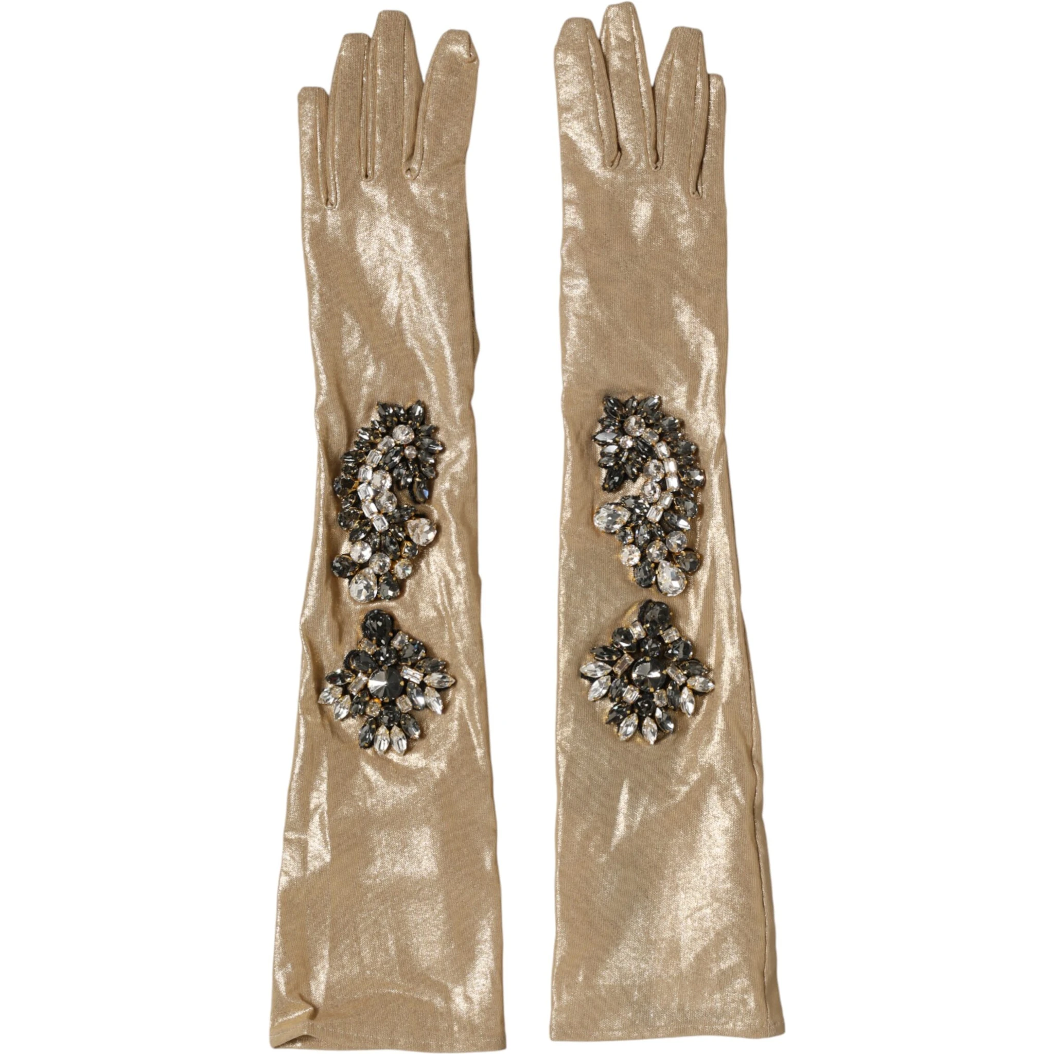 Beige Satin Crystal Elbow Length Mitten Gloves