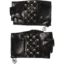 Black Leather Studded Fingerless Hand Mitten Men Gloves