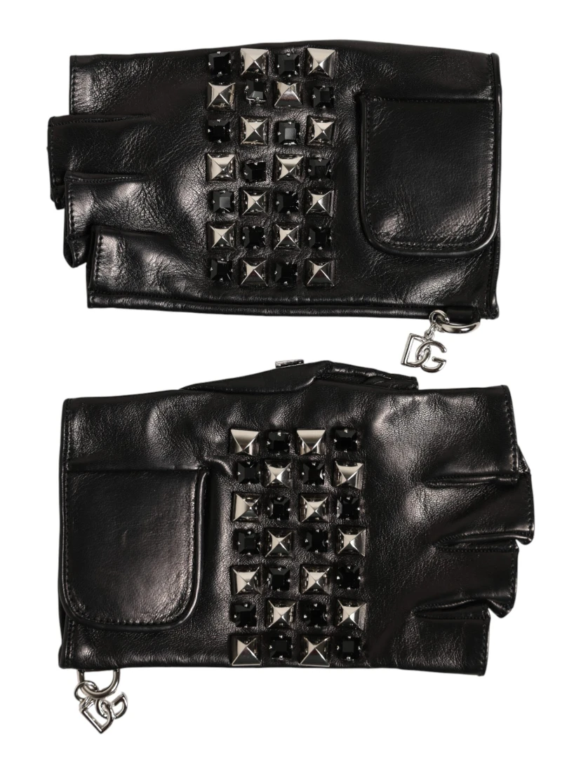 Black Leather Studded Fingerless Hand Mitten Men Gloves