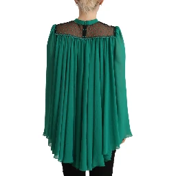 Green Lace Polyester Long Sleeves Pleated Top Blouse