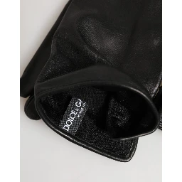 Black Leather Embellished Long Mitten Gloves