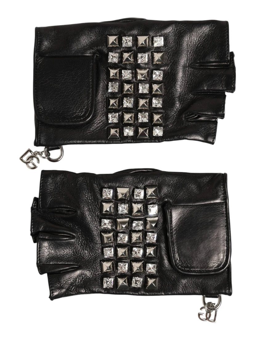 Black Leather Studded Fingerless Hand Mitten Men Gloves