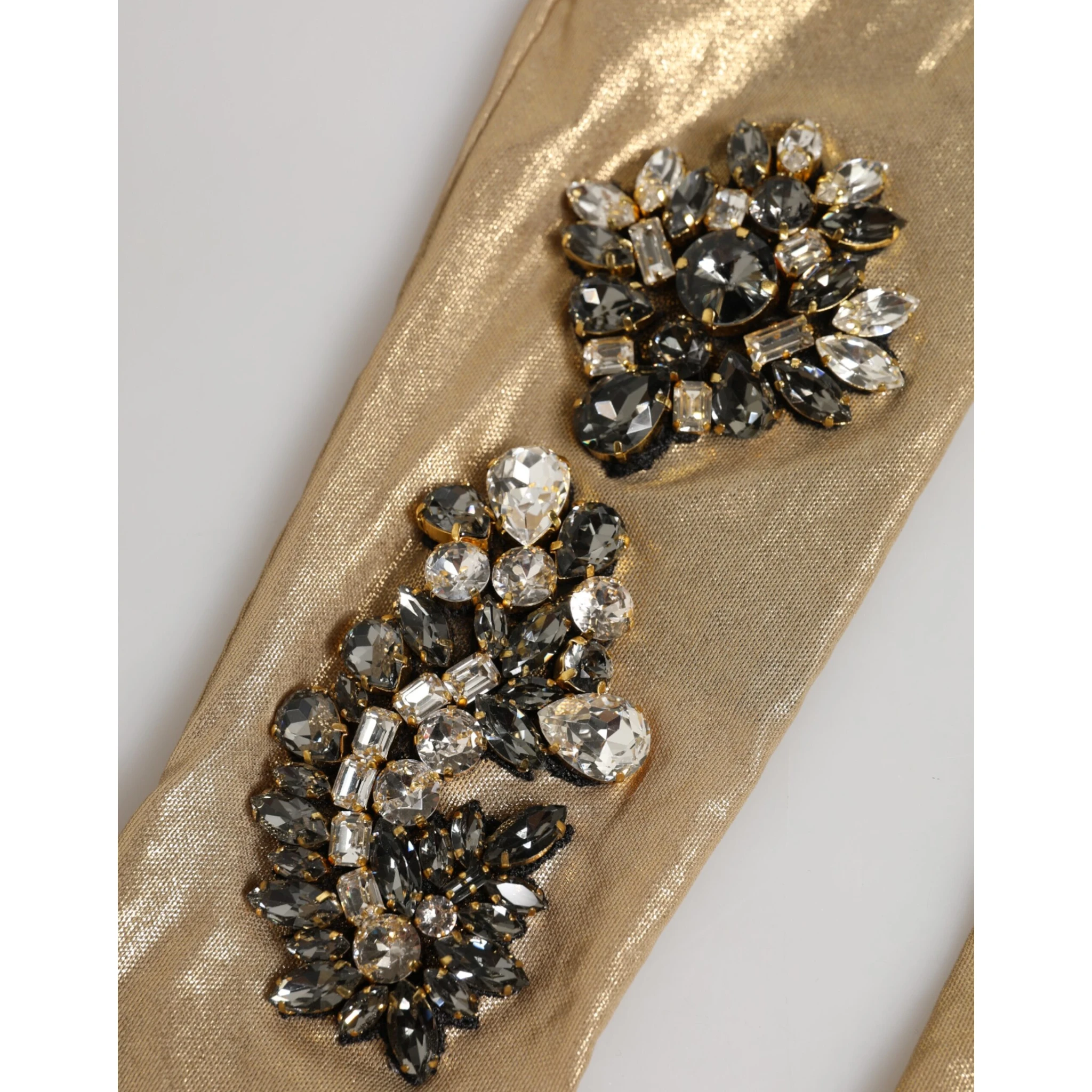 Beige Satin Crystal Elbow Length Mitten Gloves