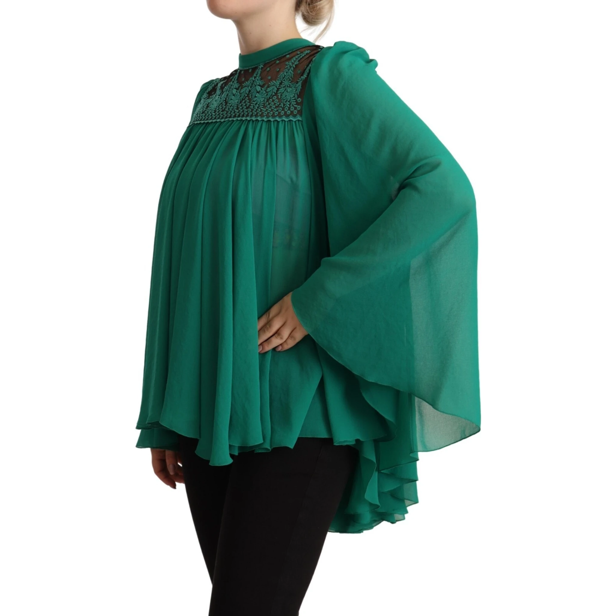Green Lace Polyester Long Sleeves Pleated Top Blouse