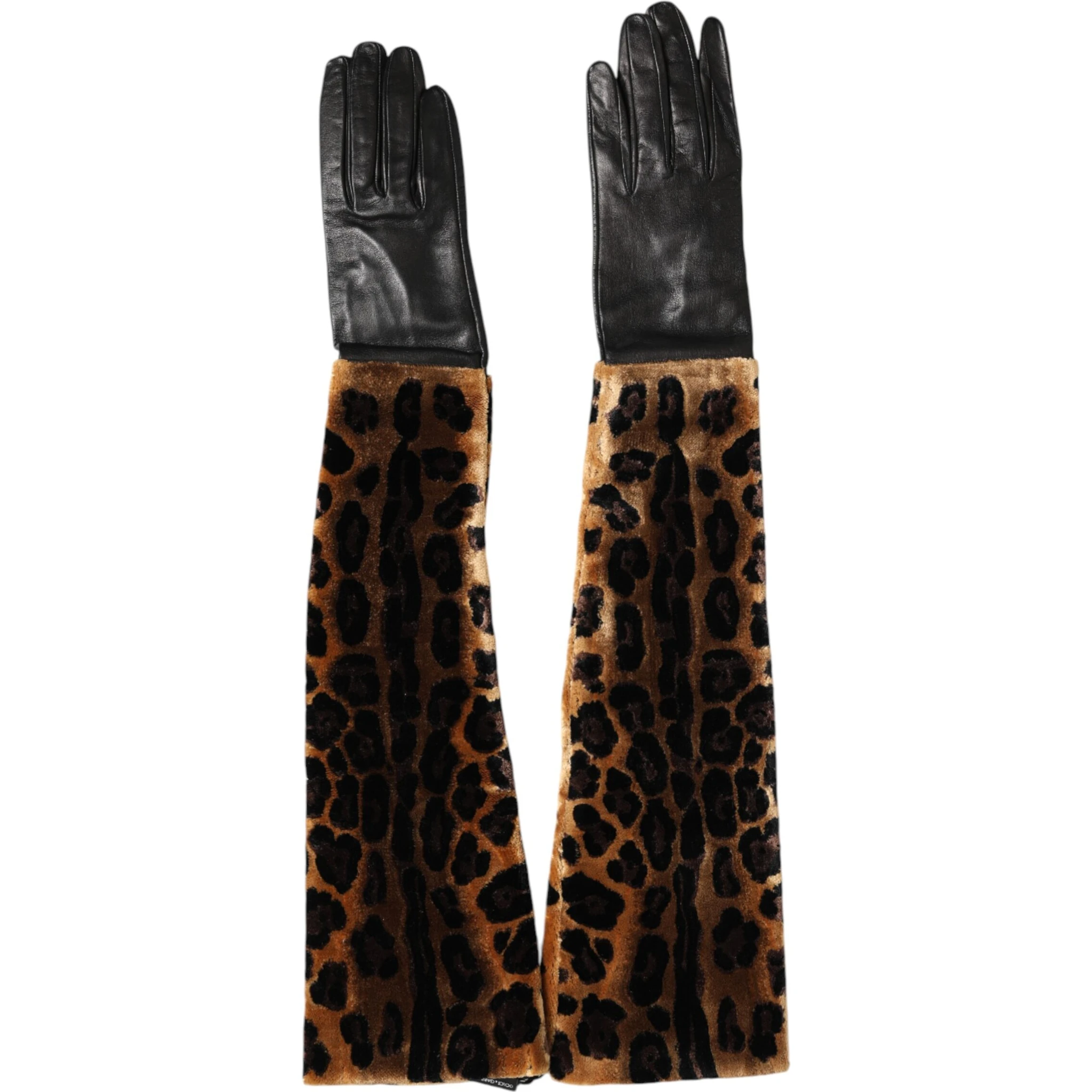 Brown Black Leopard Leather Elbow Length Mitten Gloves