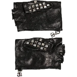 Black Leather Studded Fingerless Hand Mitten Men Gloves