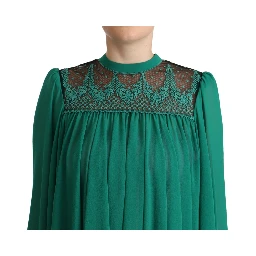 Green Lace Polyester Long Sleeves Pleated Top Blouse