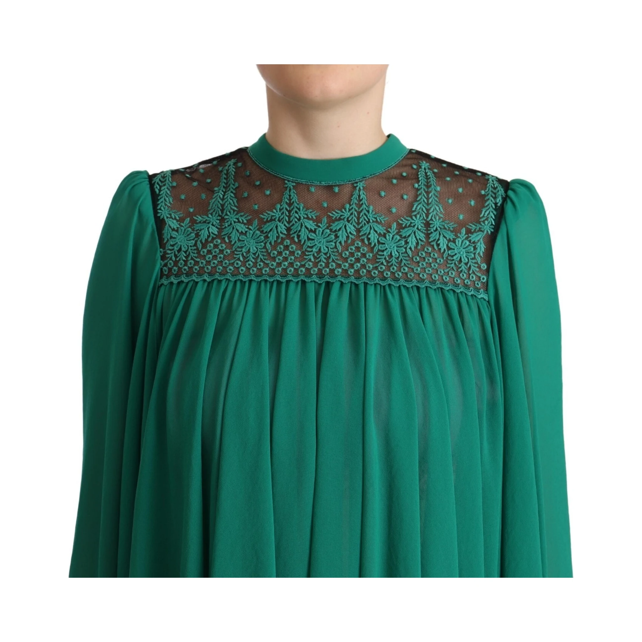 Green Lace Polyester Long Sleeves Pleated Top Blouse
