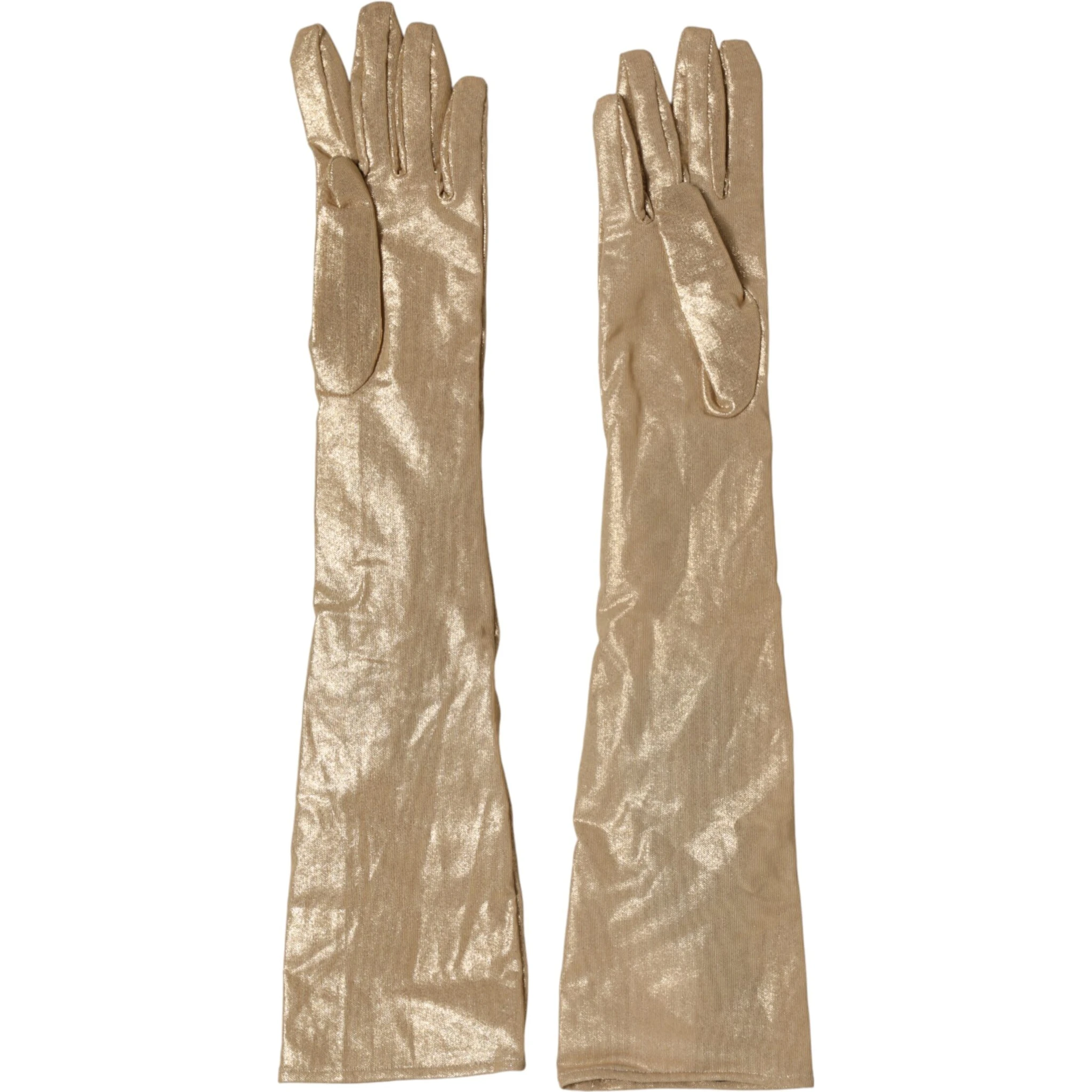Beige Satin Crystal Elbow Length Mitten Gloves
