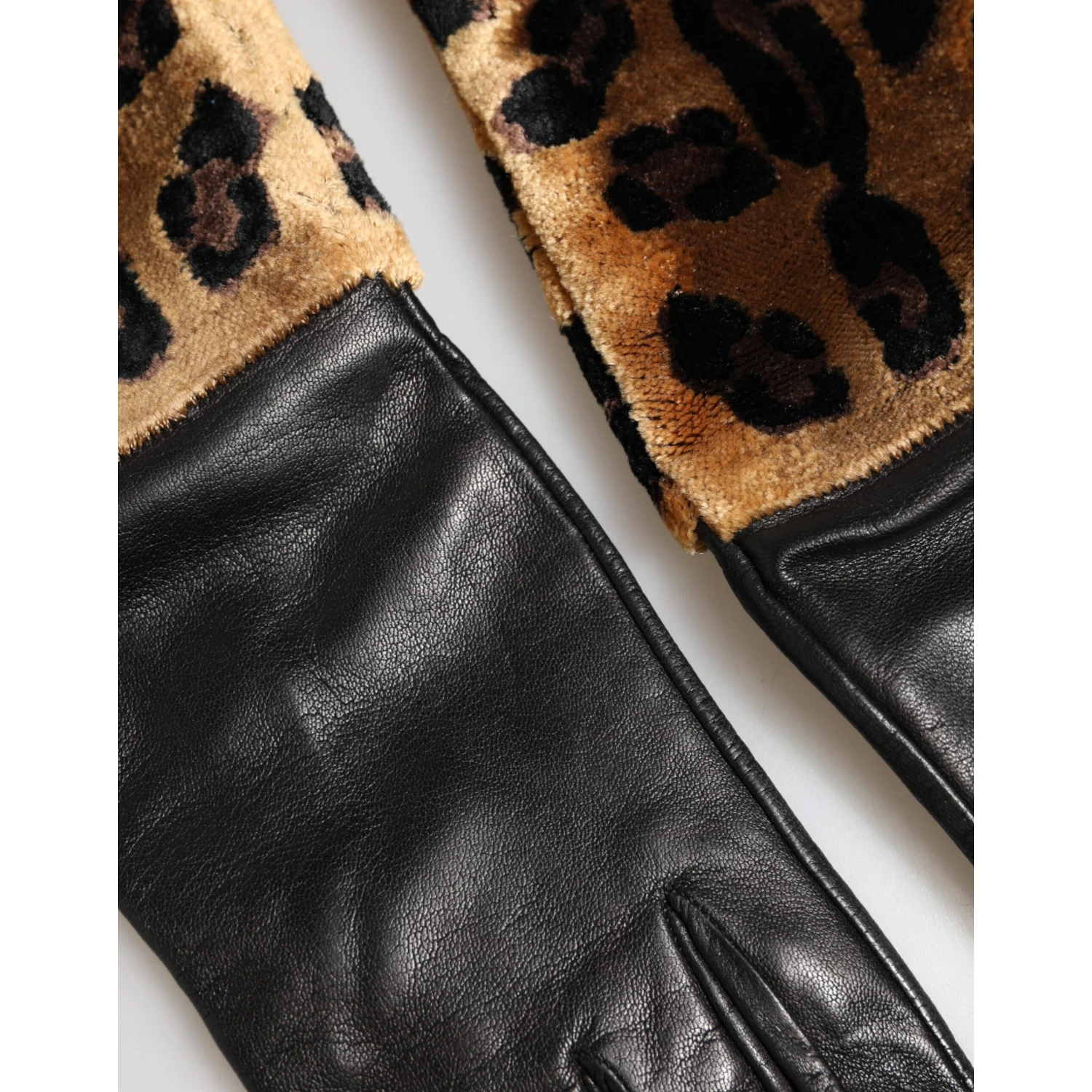 Brown Black Leopard Leather Elbow Length Mitten Gloves