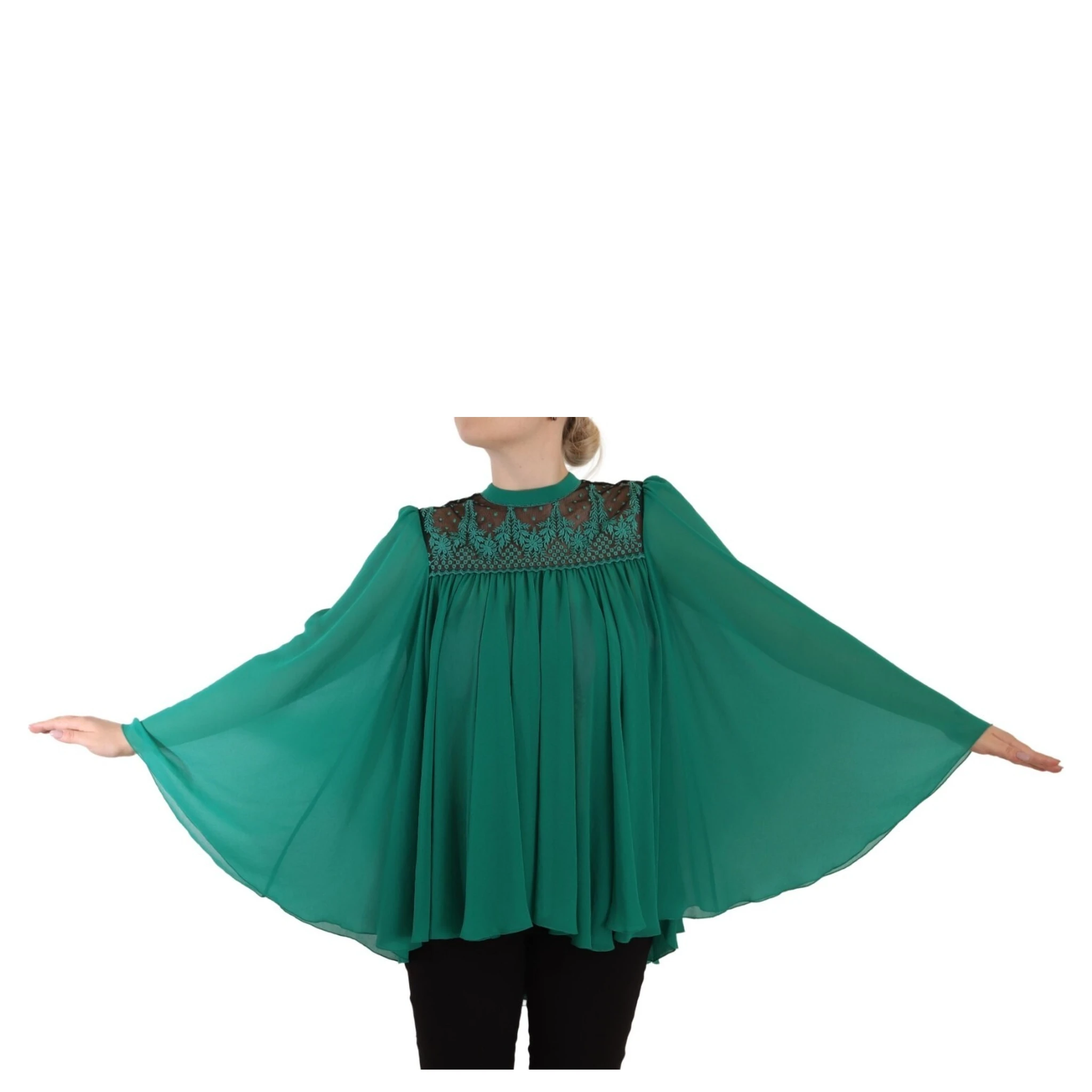 Green Lace Polyester Long Sleeves Pleated Top Blouse