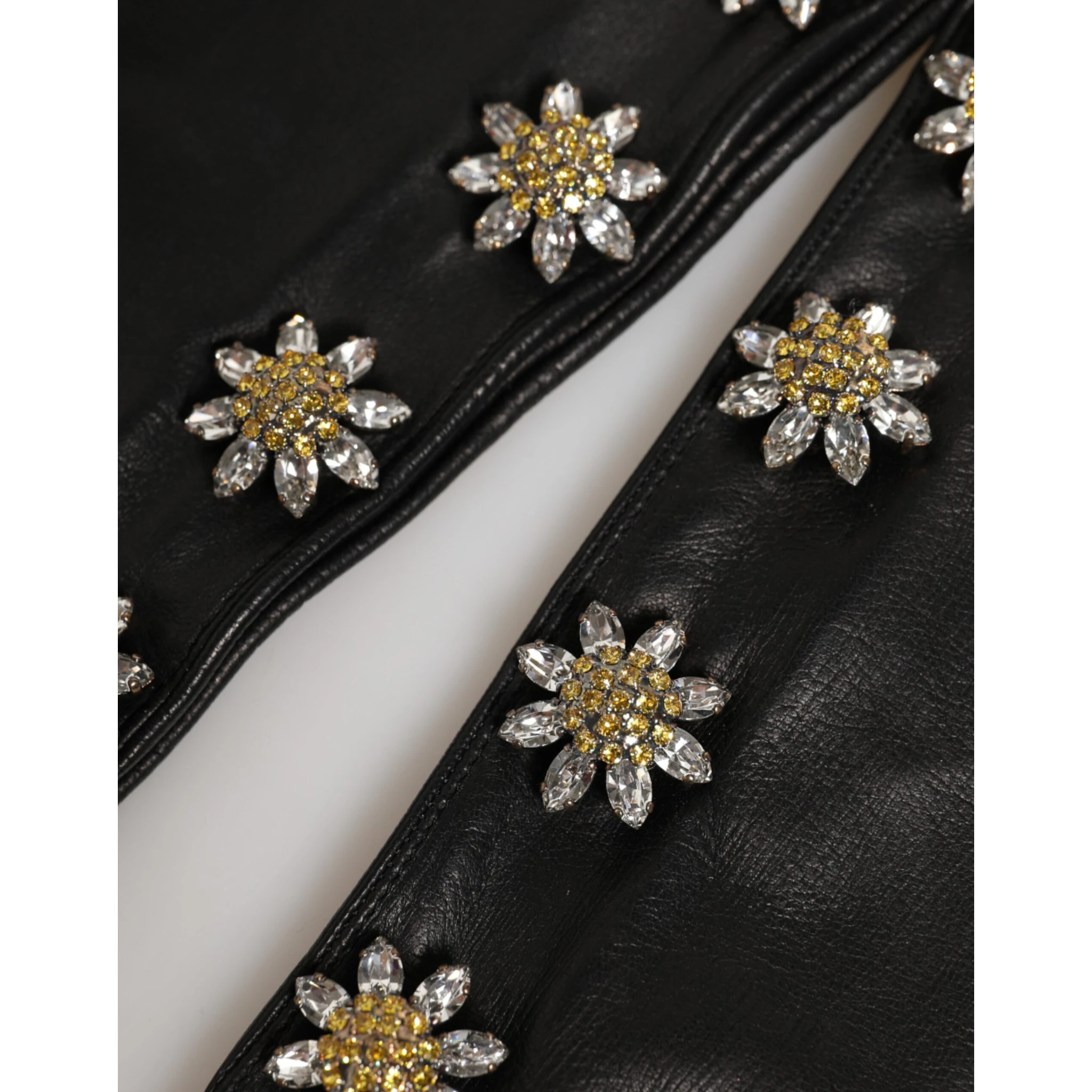 Black Leather Embellished Long Mitten Gloves