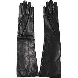 Black Leather Embellished Long Mitten Gloves