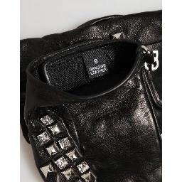 Black Leather Studded Fingerless Hand Mitten Men Gloves