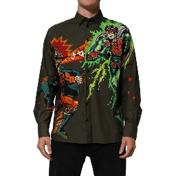Brown Superhero Print Button Down Shirt