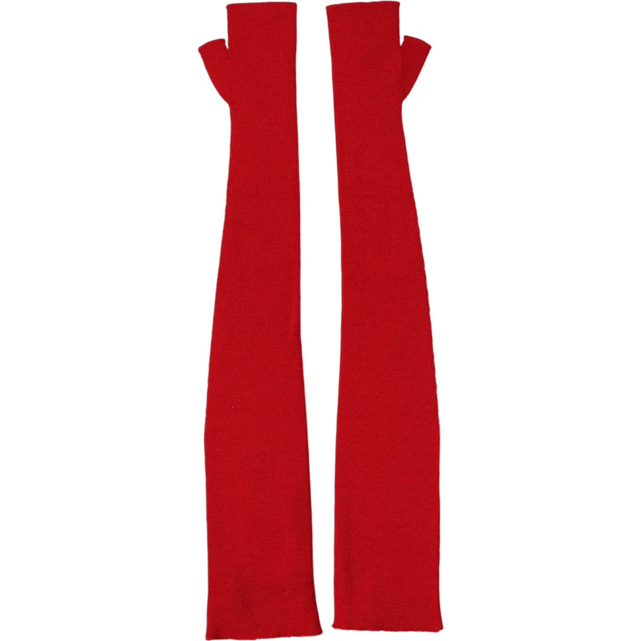Red Wool Knitted Fingerless Elbow One Length Gloves