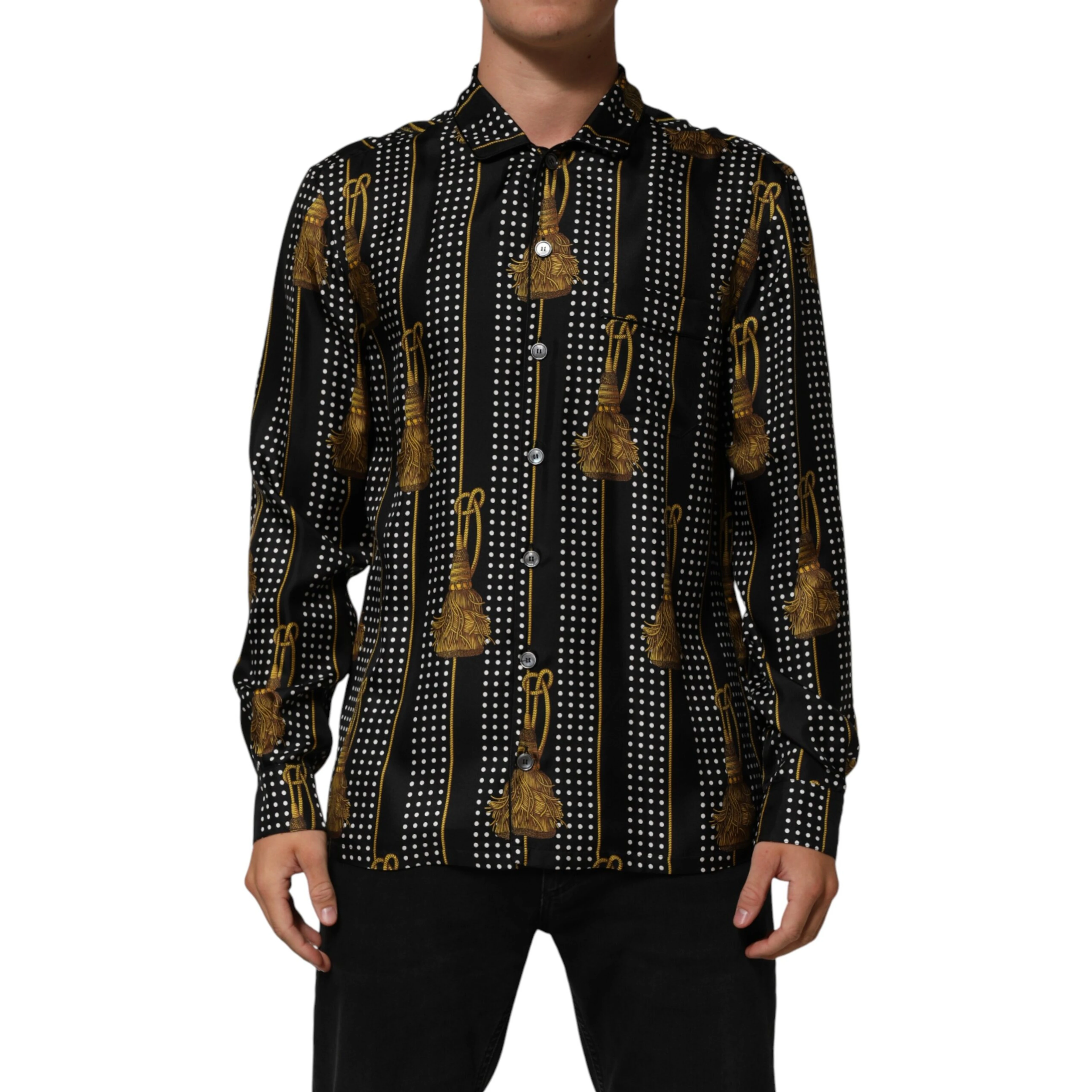 Black Dotted Tassel Silk Button Down Shirt