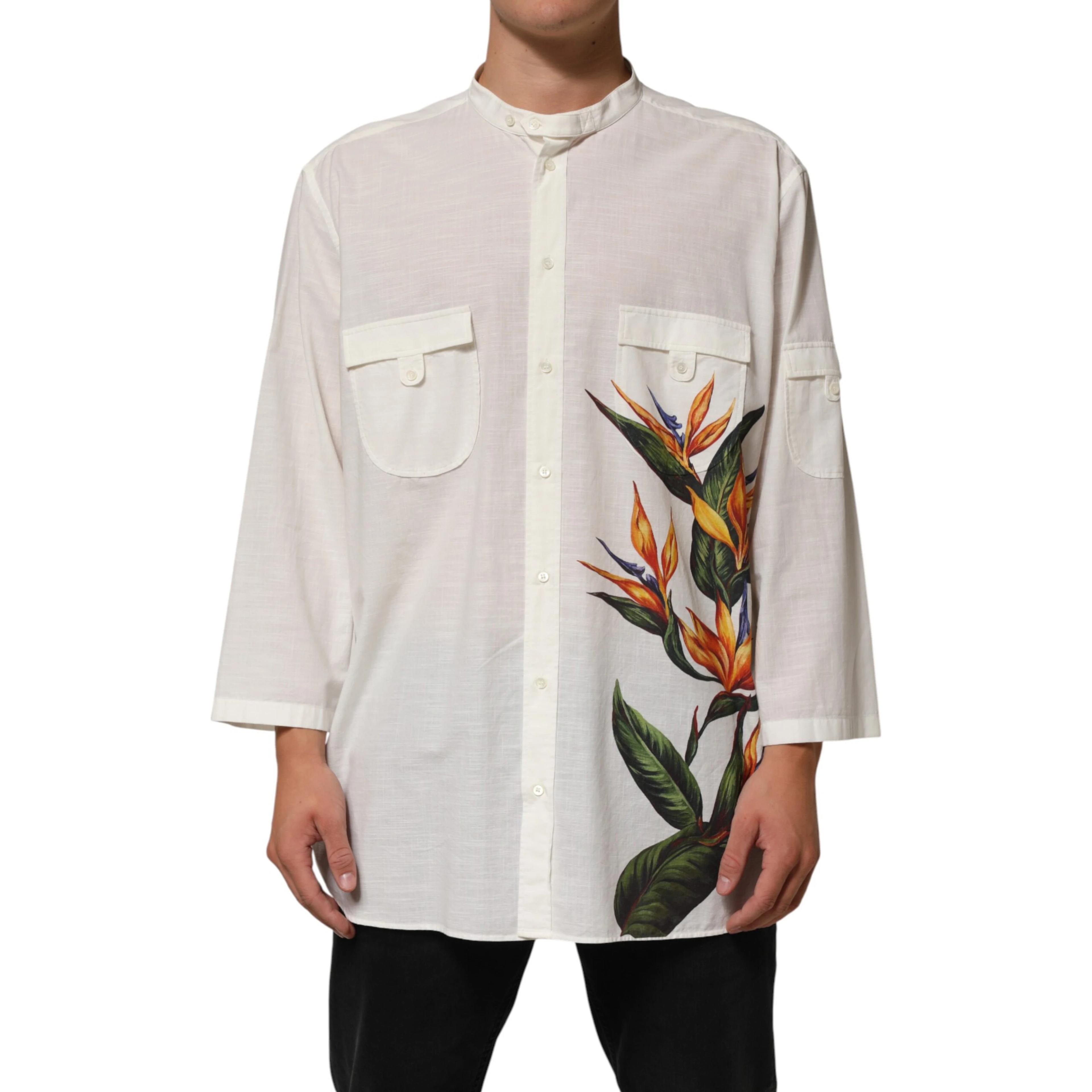 White Cotton Floral Print Button Down Shirt