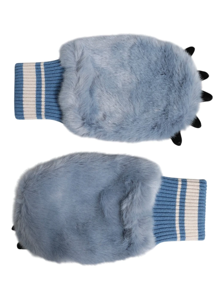 Blue Acrylic Knitted Fur Wrist Mitten Gloves