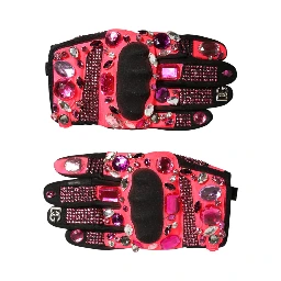 Black Pink Crystal Wrist Length Mitten Gloves