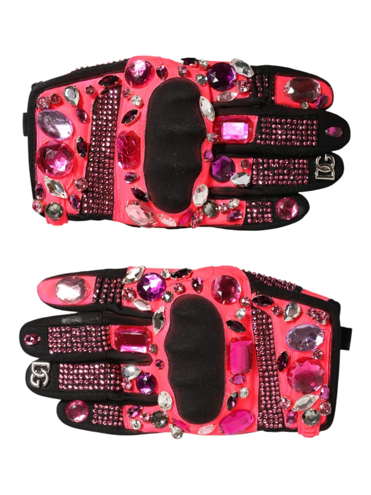 Black Pink Crystal Wrist Length Mitten Gloves