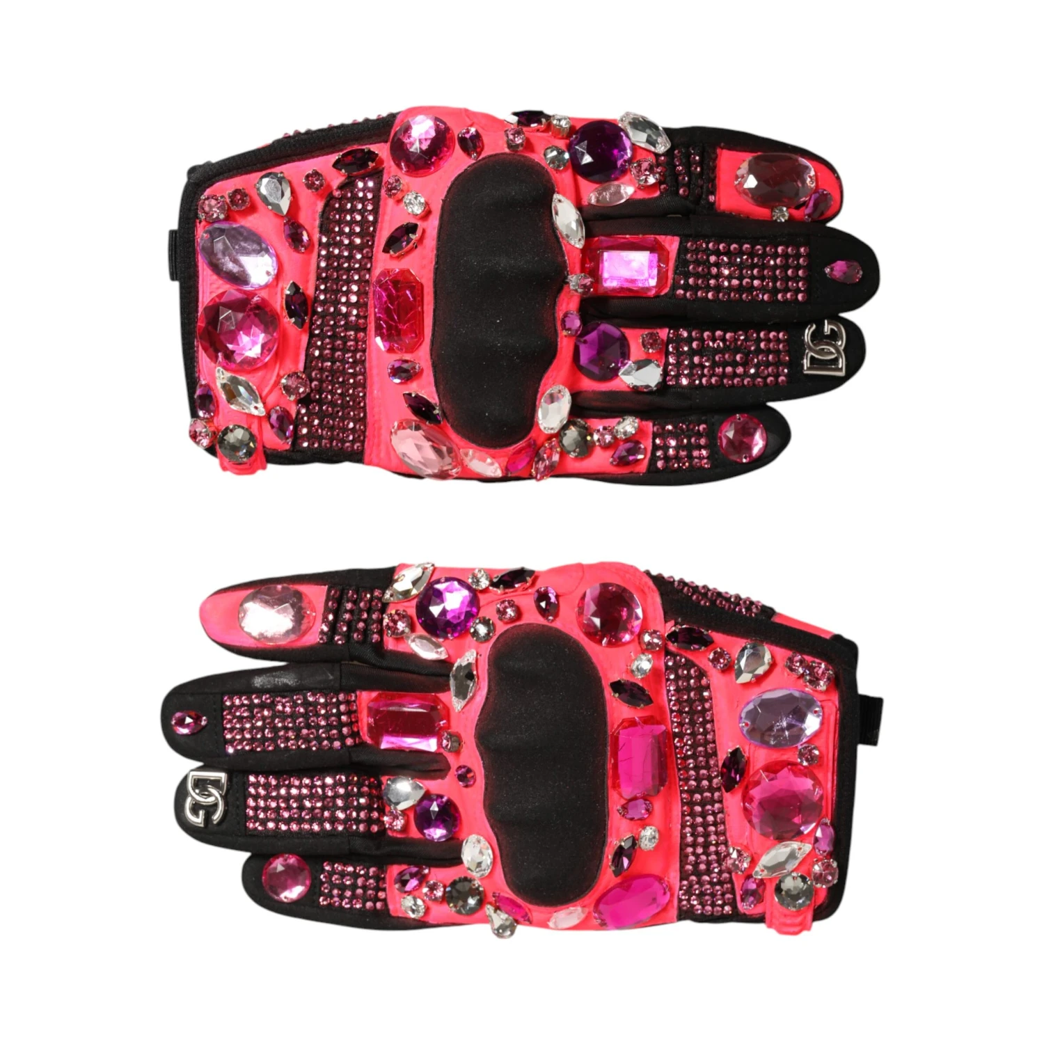 Black Pink Crystal Wrist Length Mitten Gloves