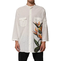 White Cotton Floral Print Button Down Shirt
