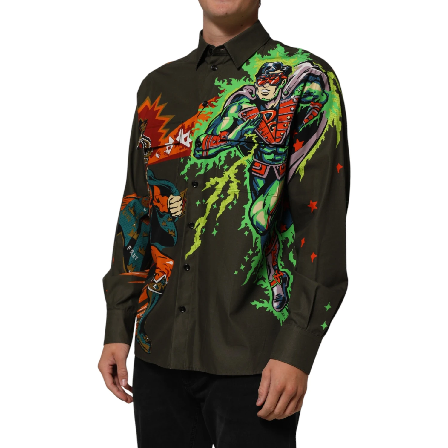 Brown Superhero Print Button Down Shirt