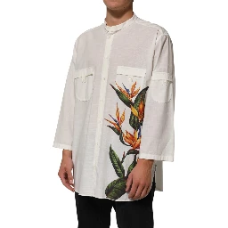 White Cotton Floral Print Button Down Shirt